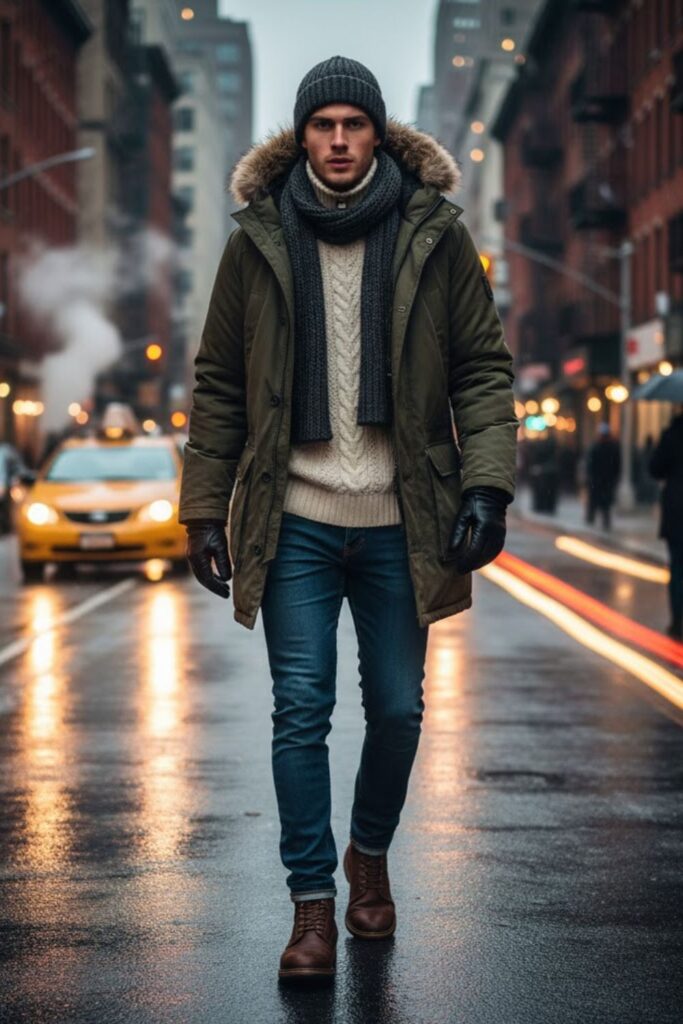 Parka with Knit Sweater and Slim Jeans