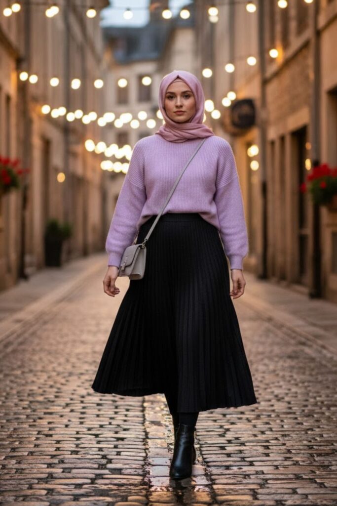 Pastel Sweater, Black Pleated Skirt, Ankle Boots, Complementary Hijab
