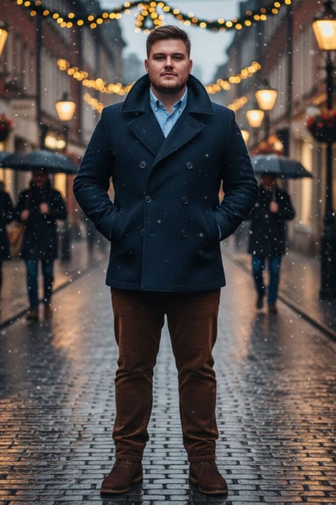 Peacoat with Button-Down Shirt and Corduroy Pants