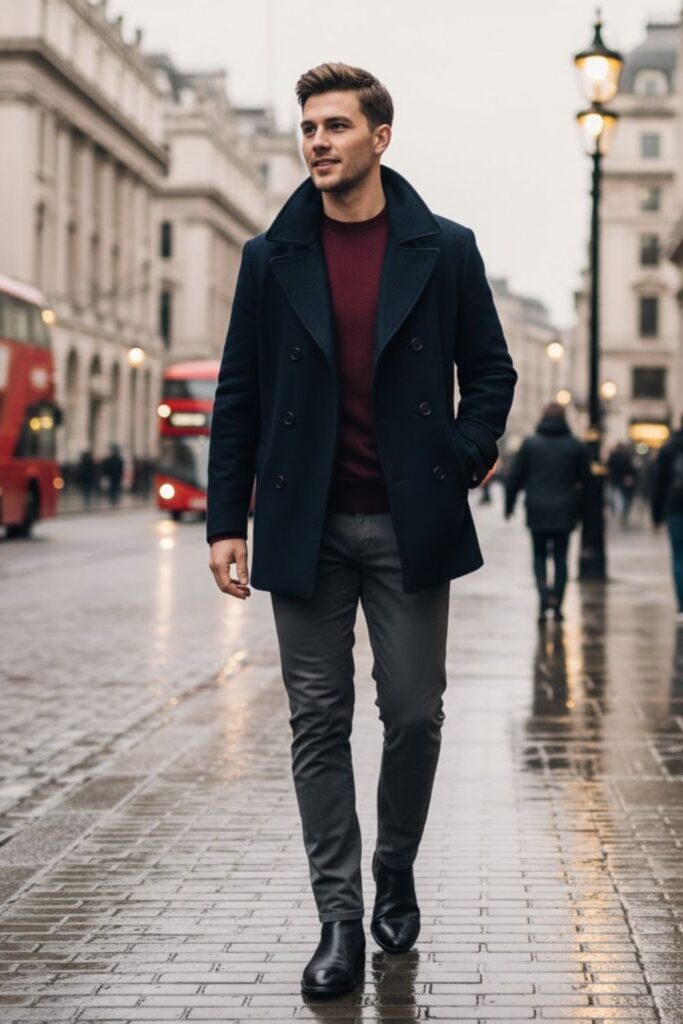 Peacoat with Crewneck Sweater and Chinos