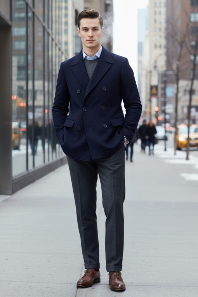 Peacoat with Dress Shirt and Wool Sweater