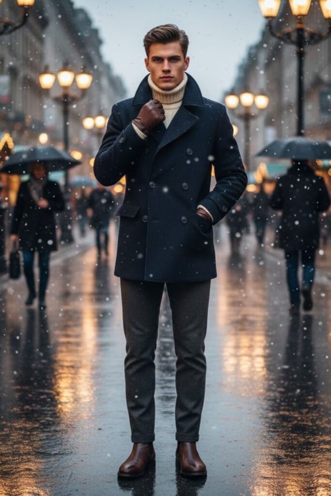 Peacoat with Knit Turtleneck and Slim Pants