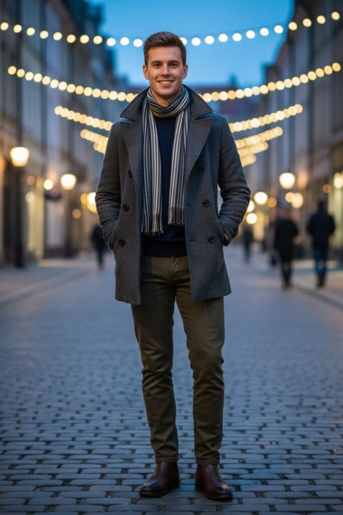 Peacoat with Scarf and Dress Boots