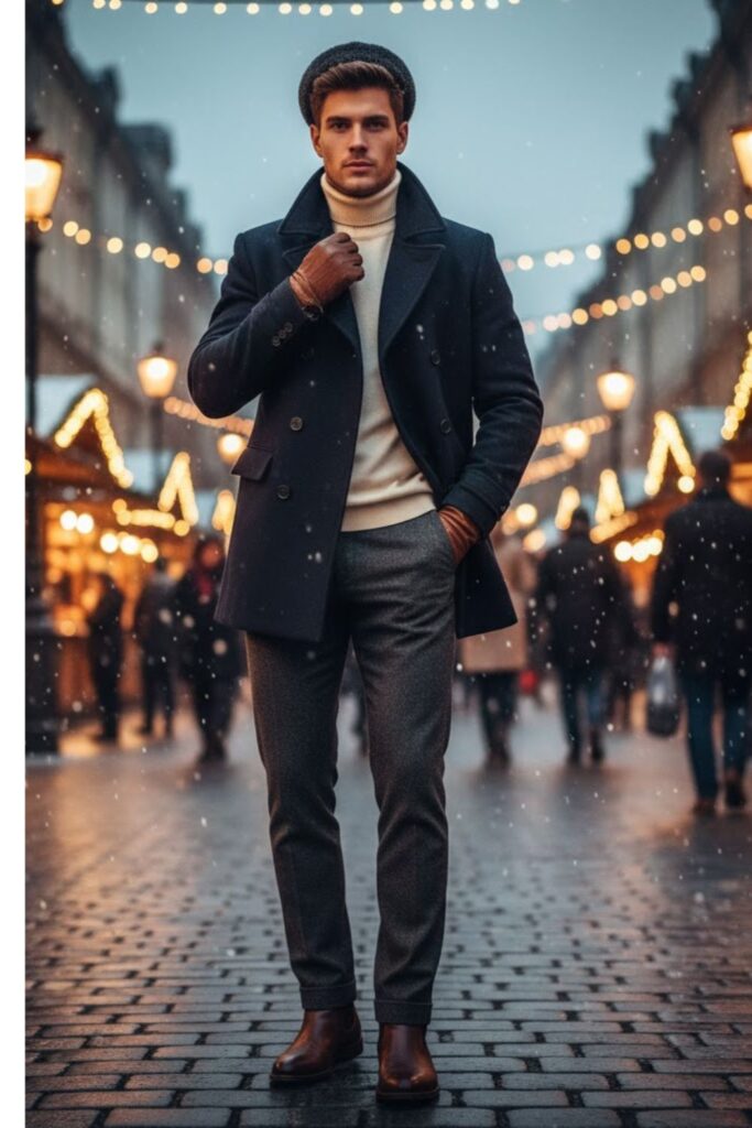 Peacoat with Wool Trousers and Leather Boots