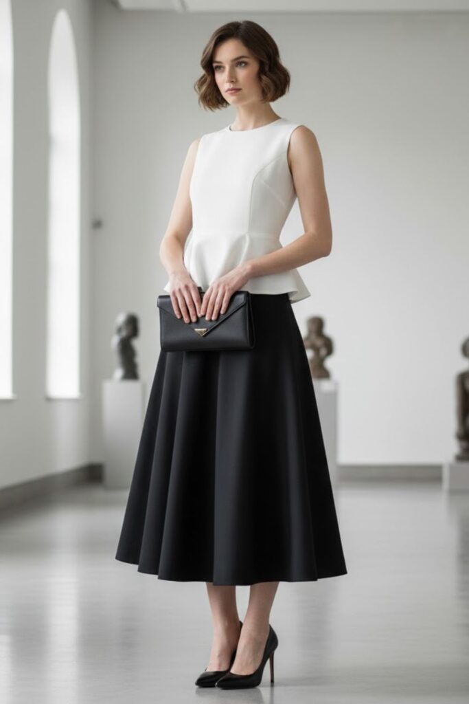Peplum Top, Black A-Line Skirt, Pointed-Toe Heels, Envelope Bag