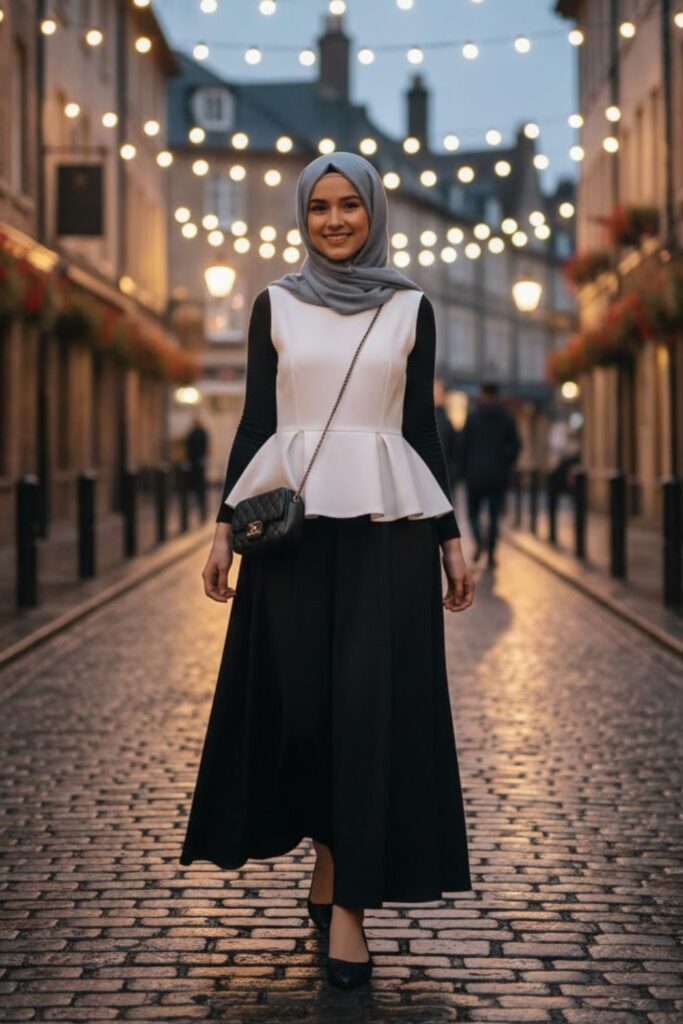 Peplum Top, Black Maxi Skirt, Pointed-Toe Flats, Coordinated Hijab