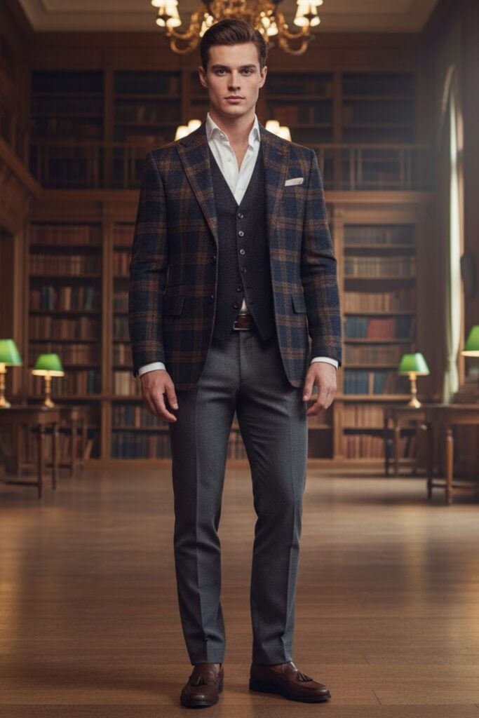Plaid Blazer with Wool Vest and Tailored Pants