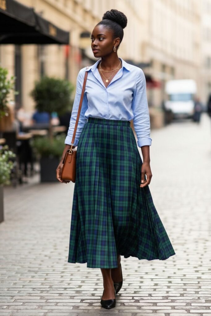 Plaid Maxi Skirt with Button-Up Shirt and Flats