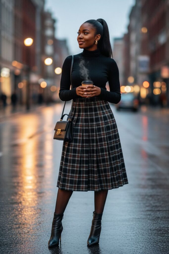 Plaid Midi Skirt with Turtleneck and Heeled Ankle Boots