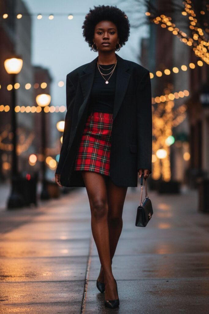 Plaid Mini Skirt with Oversized Blazer and Heels