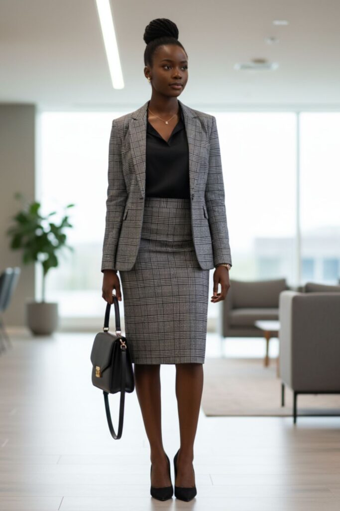 Plaid Pencil Skirt with Blazer and Pumps