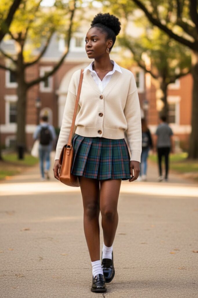 Plaid Pleated Skirt with Cardigan and Loafers