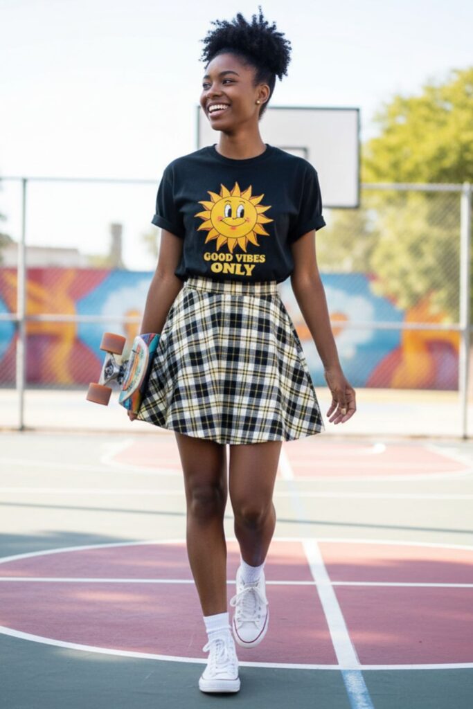 Plaid Skater Skirt with Graphic Tee and Sneakers