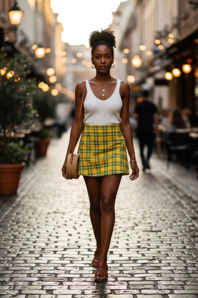 Plaid Skirt with Knit Tank and Sandals