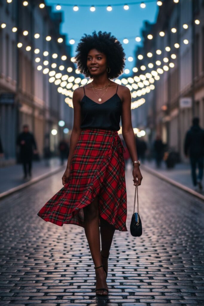 Plaid Wrap Skirt with Satin Camisole and Strappy Heels