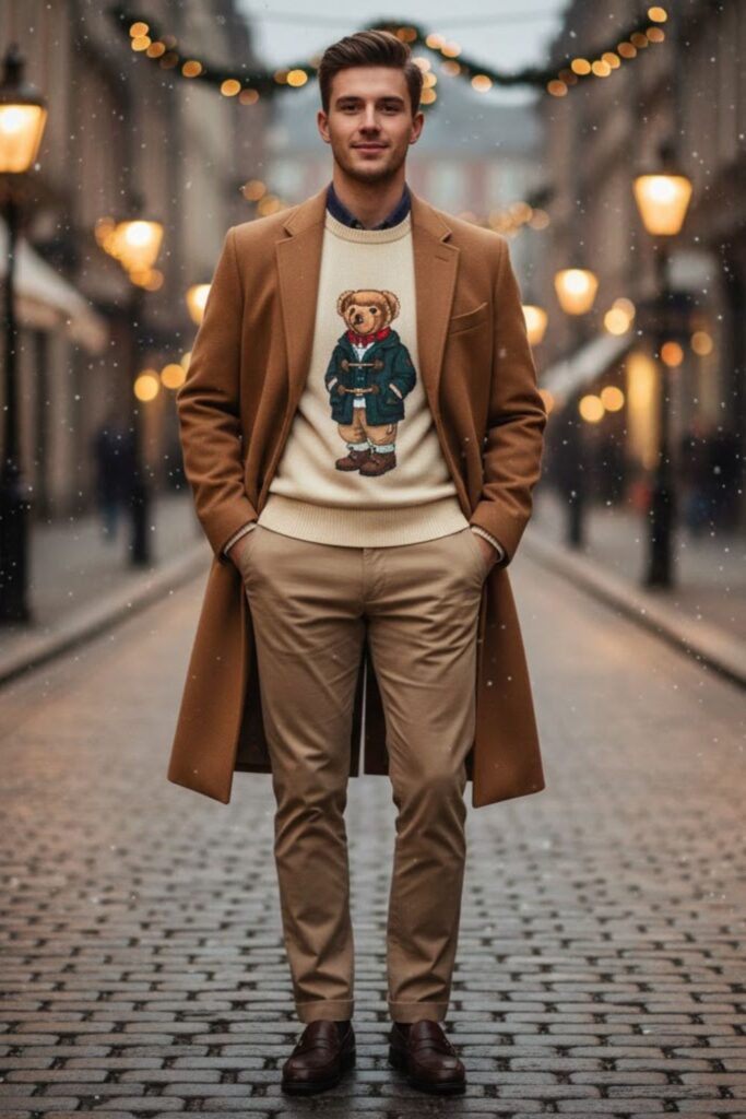 Polo Bear Sweater with Chinos and Overcoat