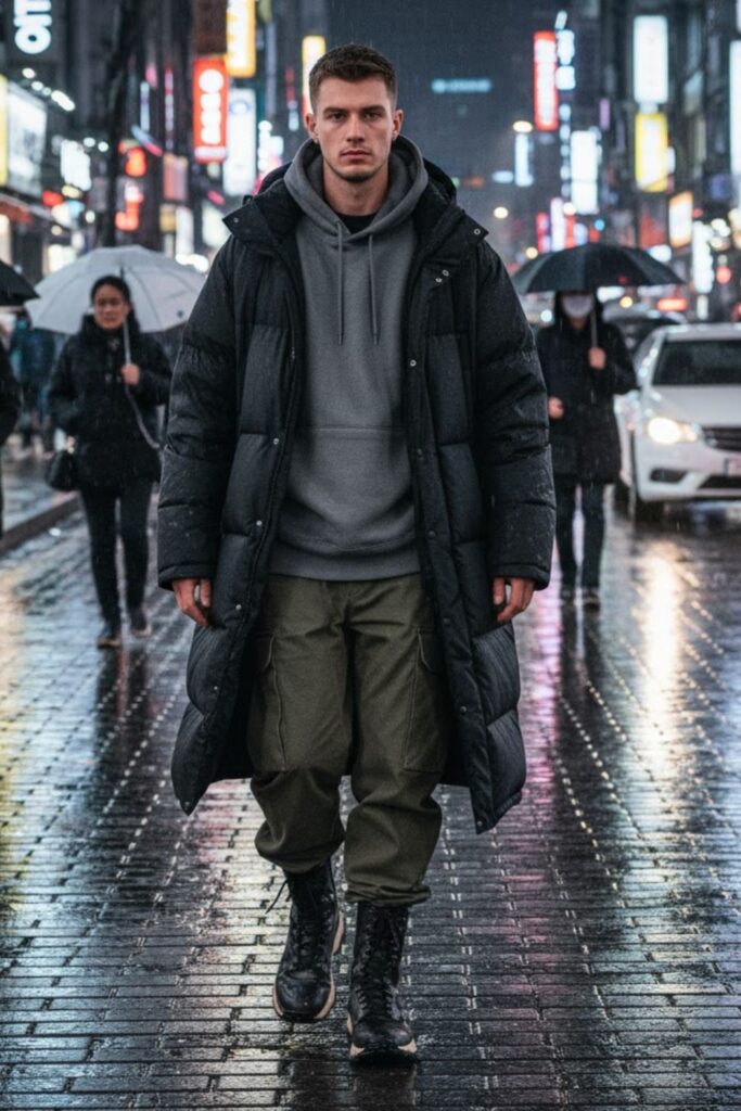 Puffer Coat with Cargo Pants