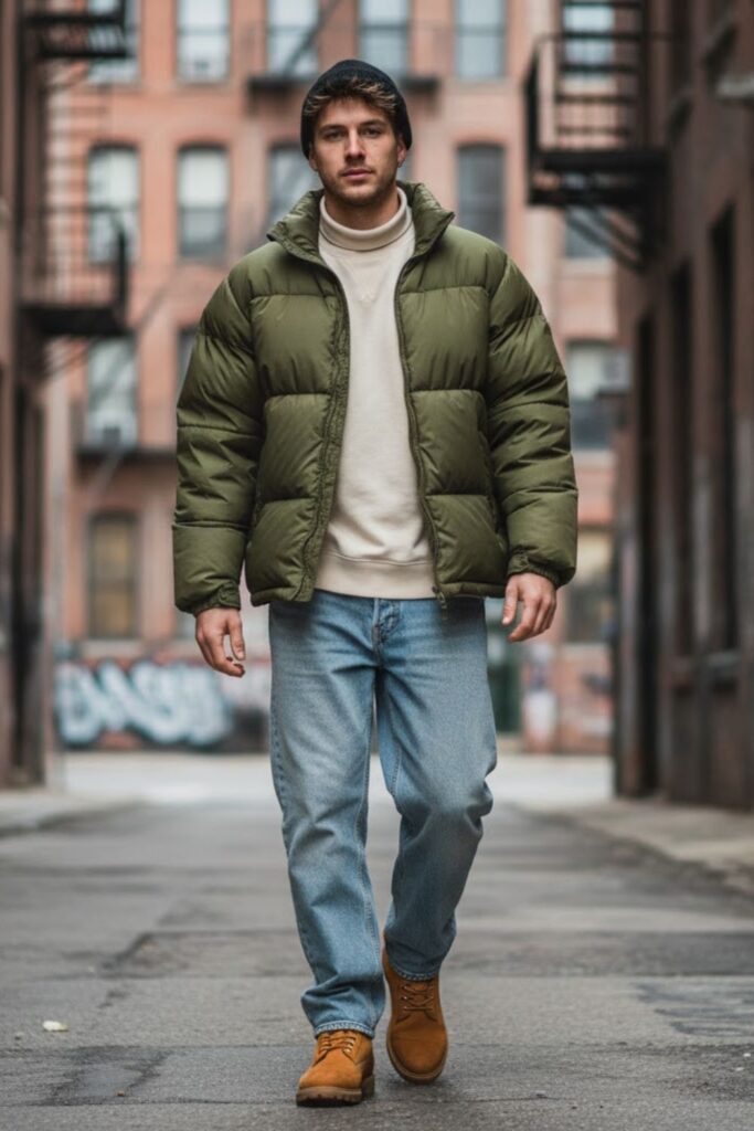 Puffer Jacket and Baggy Jeans