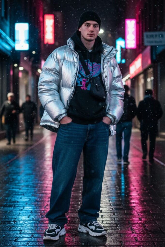 Puffer Jacket with Baggy Jeans and Chunky Sneakers