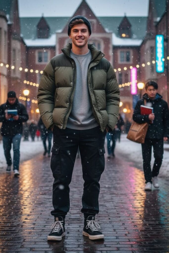 Puffer Jacket with Cargo Pants and Beanie