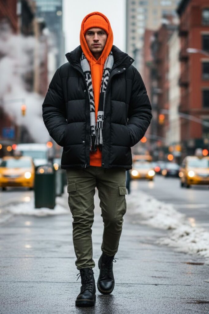Puffer Jacket with Hoodie and Cargo Pants