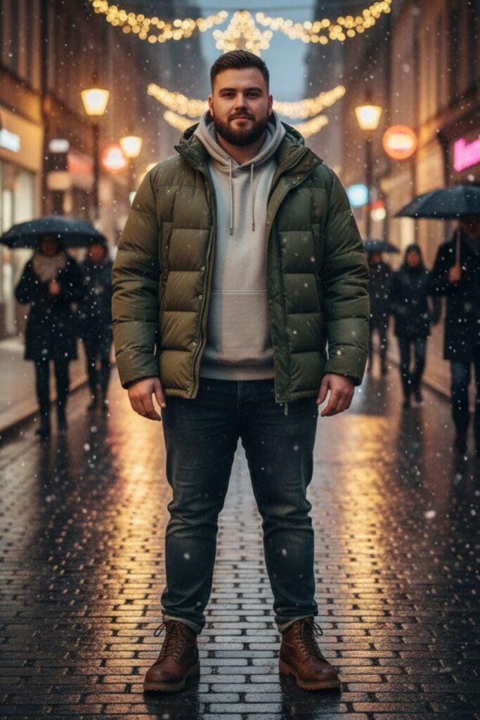 Puffer Jacket with Hoodie and Dark Jeans