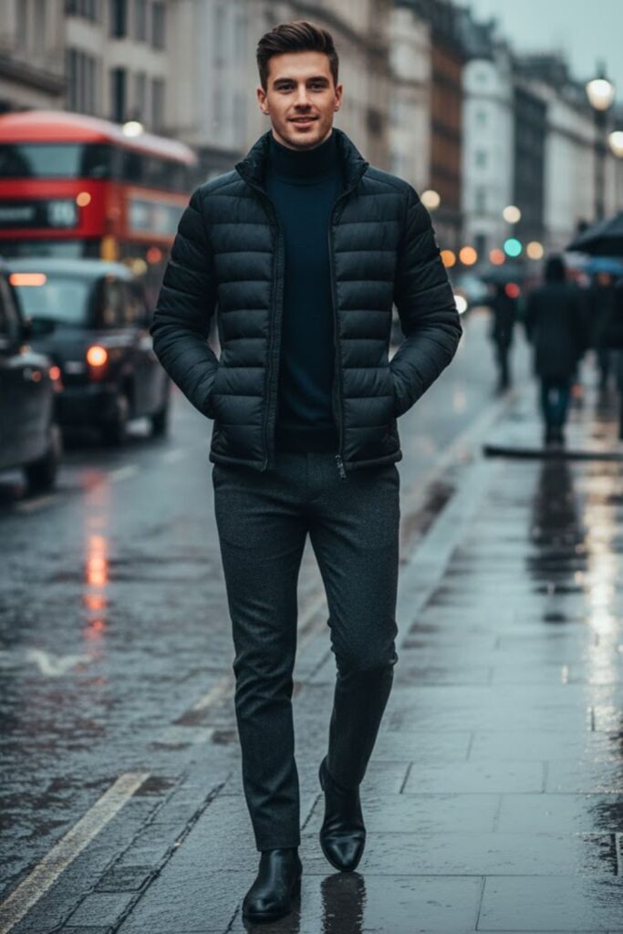 Puffer Jacket with Turtleneck and Slim Jeans