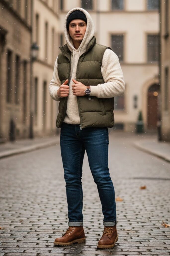 Puffer Vest with Hoodie and Jeans