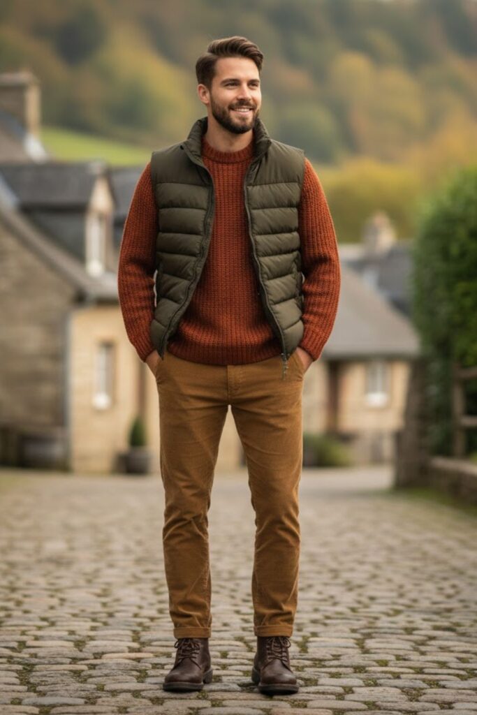 Puffer Vest with Sweater and Corduroy Pants