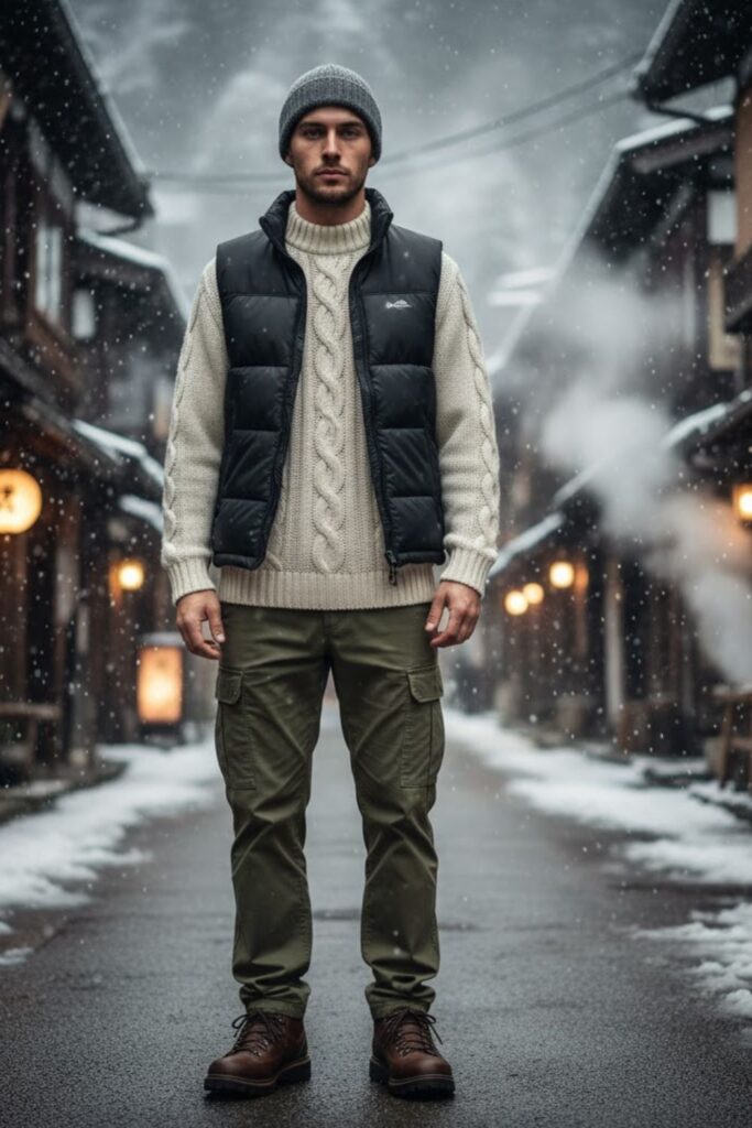 Puffer vest + knit sweater + cargo trousers + hiking shoes