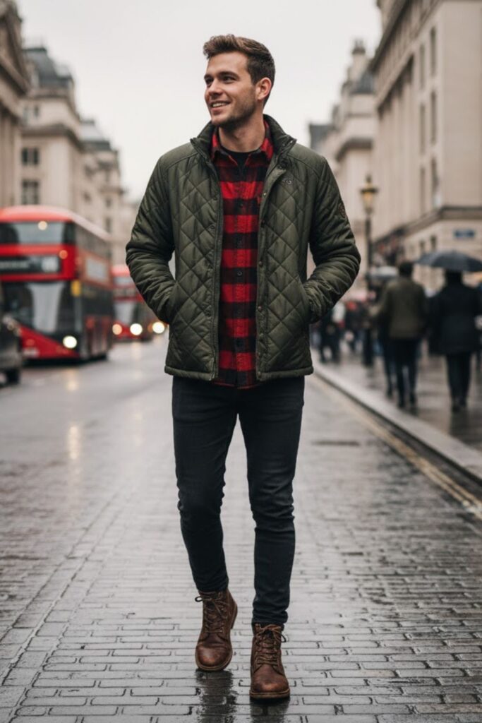 Quilted Jacket with Flannel Shirt and Boots