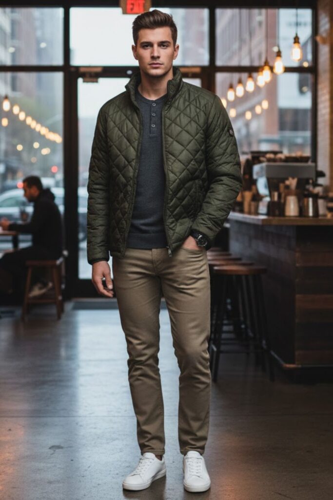Quilted Jacket with Henley and Slim Chinos