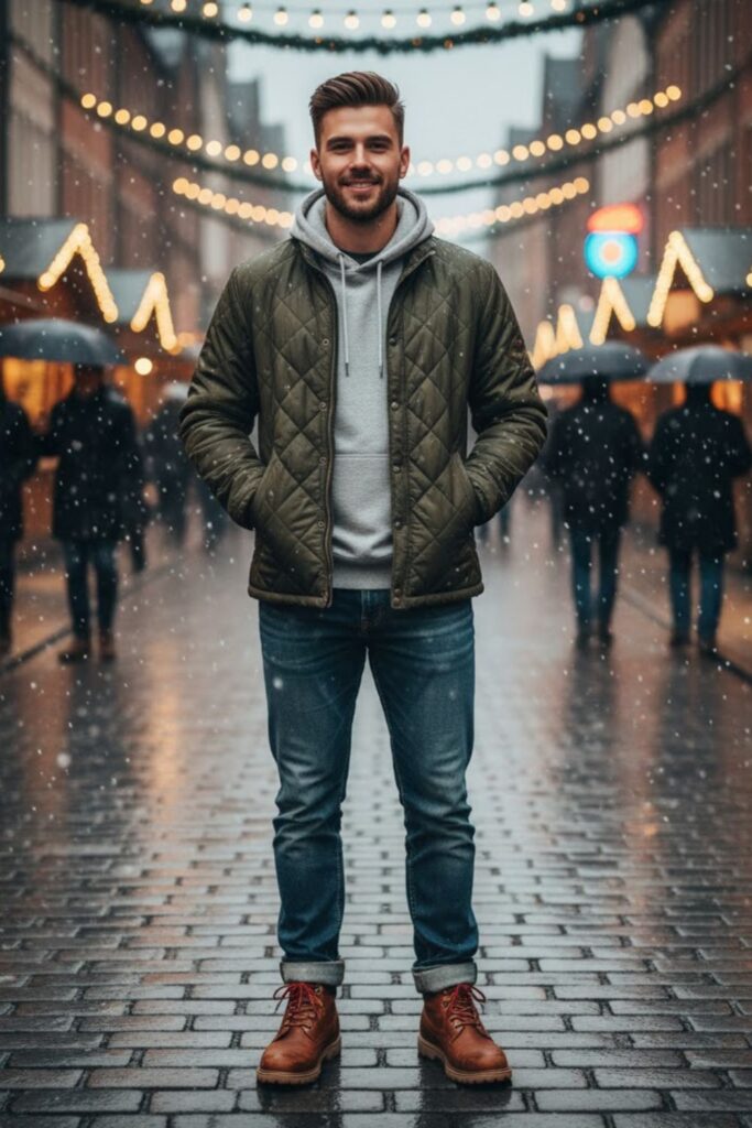 Quilted Jacket with Hoodie and Straight Jeans