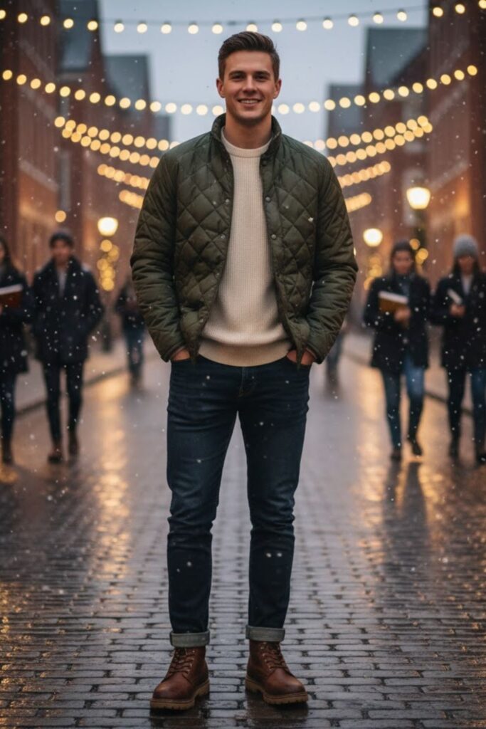Quilted Jacket with Sweater and Boots