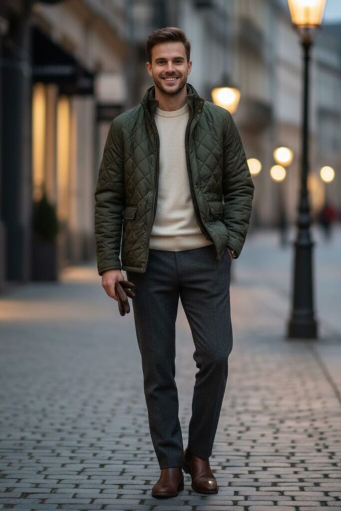 Quilted Jacket with Sweater and Dress Pants