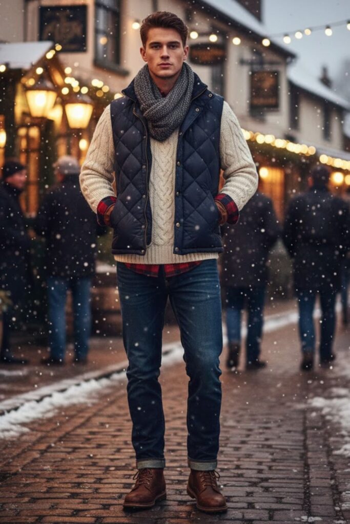 Quilted Vest with Plaid Shirt and Wool Sweater