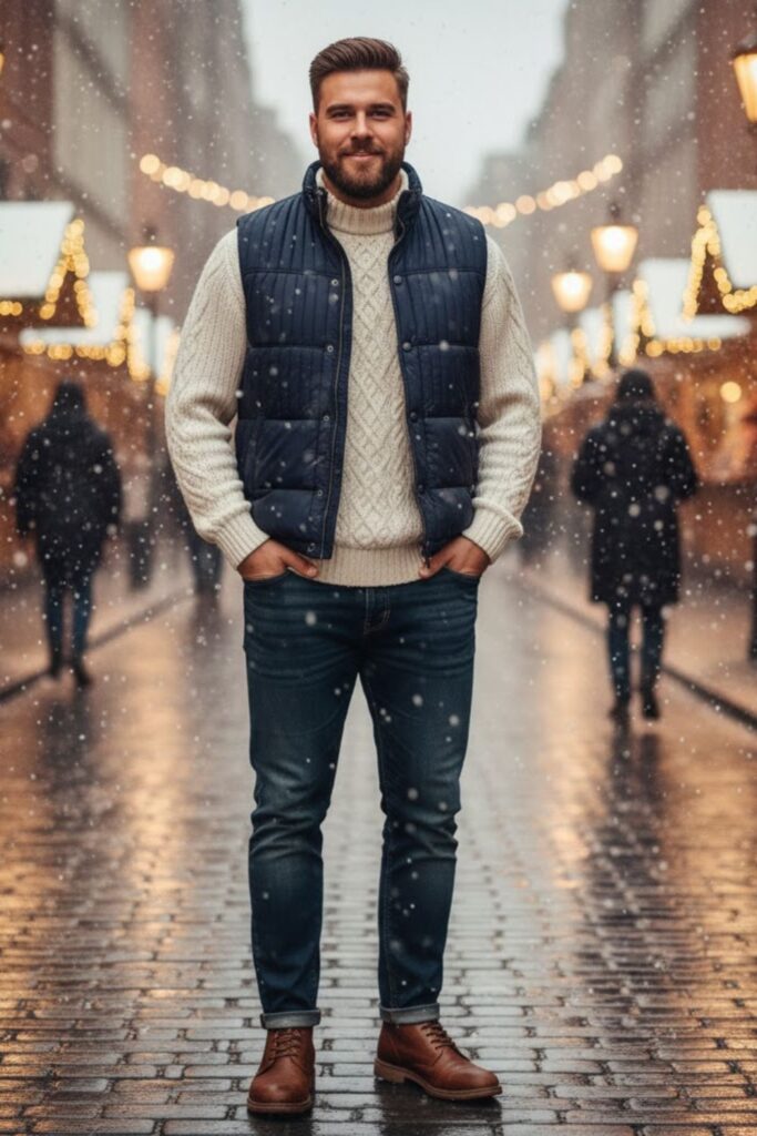 Quilted Vest with Sweater and Slim-Fit Pants