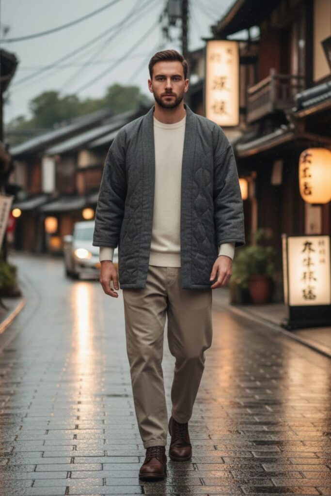 Quilted kimono jacket (haori style) + knit tee + relaxed trousers + leather boots