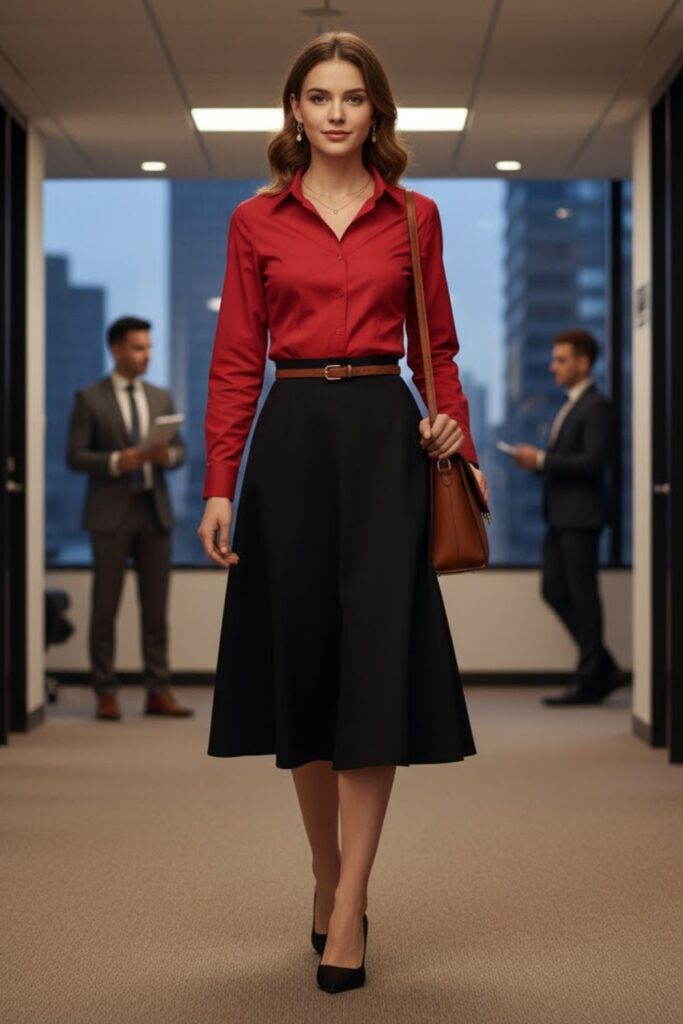 Red Button-Down Shirt with Black Midi Skirt