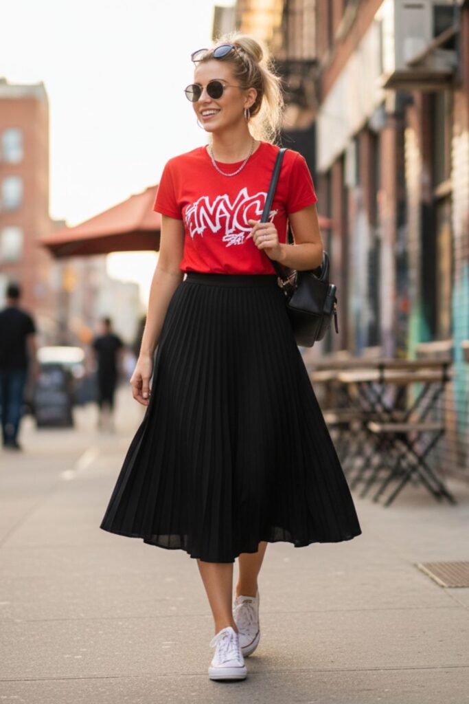 Red Graphic Tee with Black Pleated Skirt