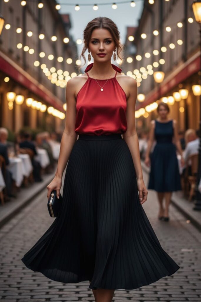 Red Halter Top with Black Pleated Skirt
