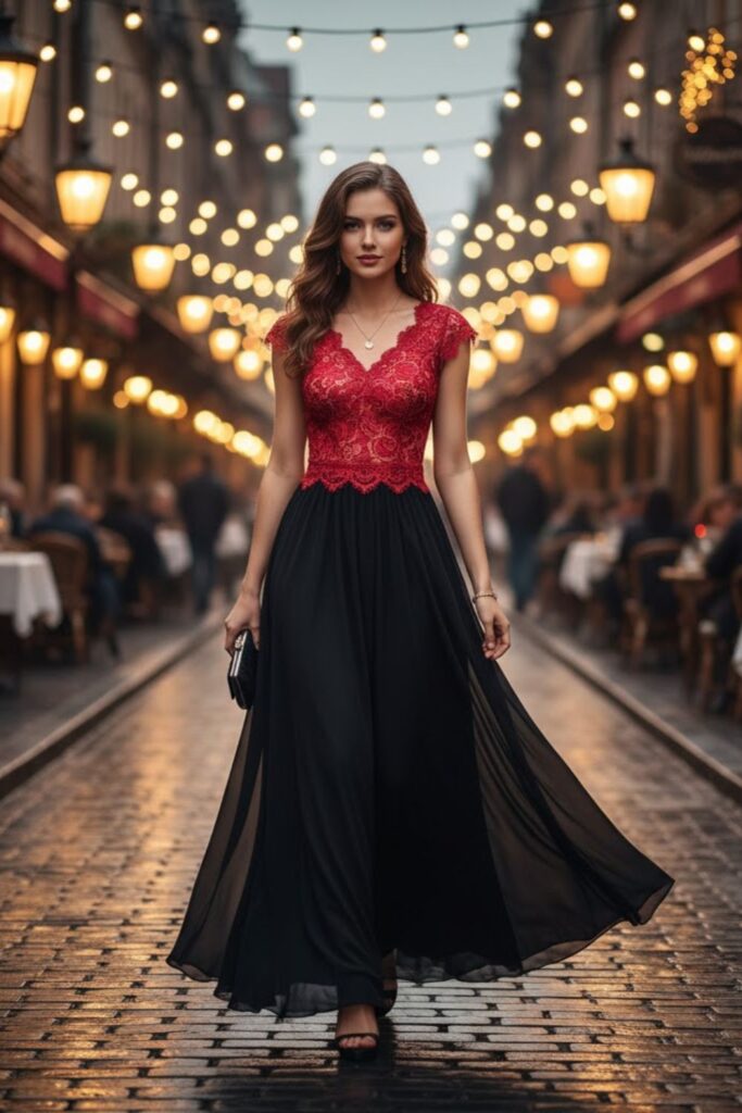 Red Lace Top with Black Maxi Skirt