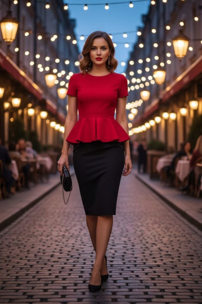 Red Peplum Top with Black Pencil Skirt