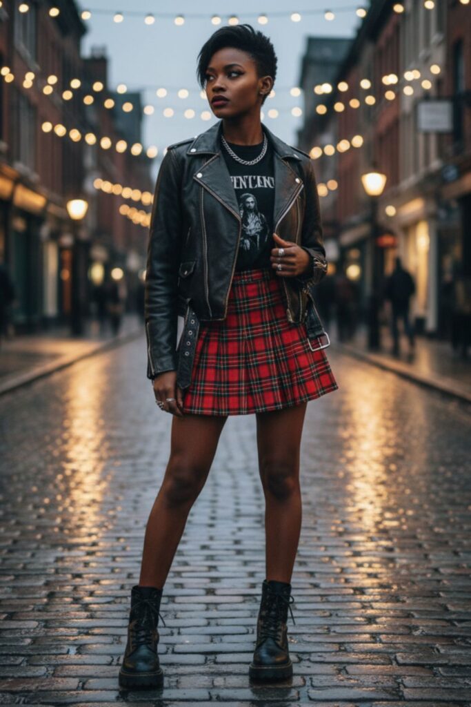 Red Plaid Skirt with Leather Jacket and Combat Boots