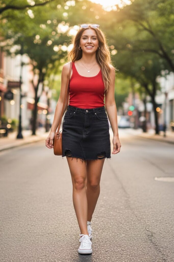 Red Tank Top with Black Denim Skirt