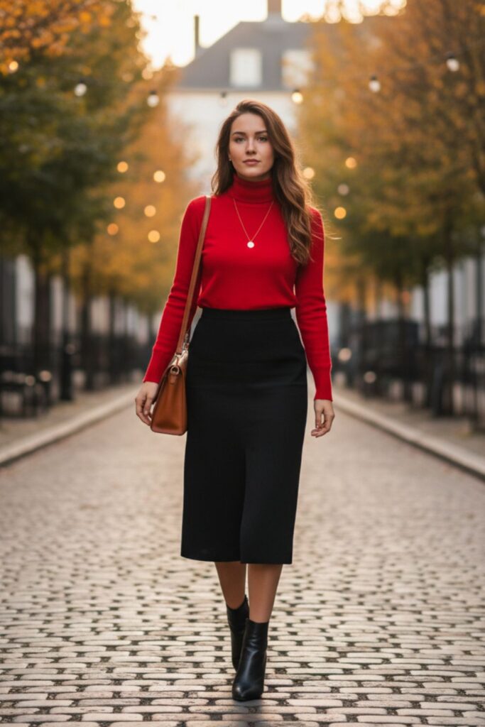Red Turtleneck with Black Midi Skirt