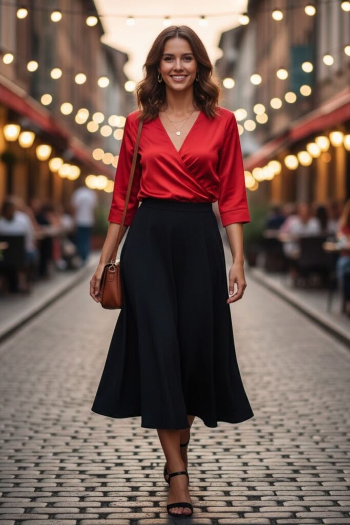 Red Wrap Top with Black A-Line Skirt