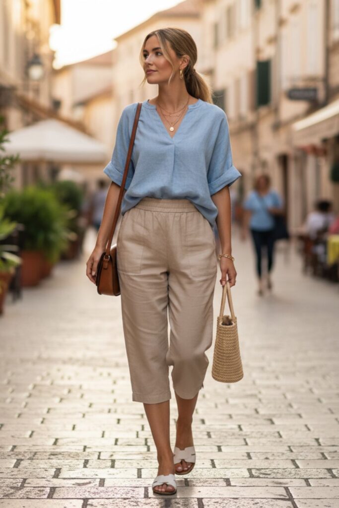 Relaxed Fit Blouse with Capri Pants
