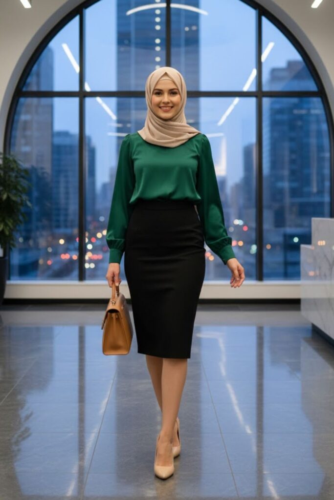 Satin Blouse, Black Pencil Skirt, Nude Heels, Beige Hijab
