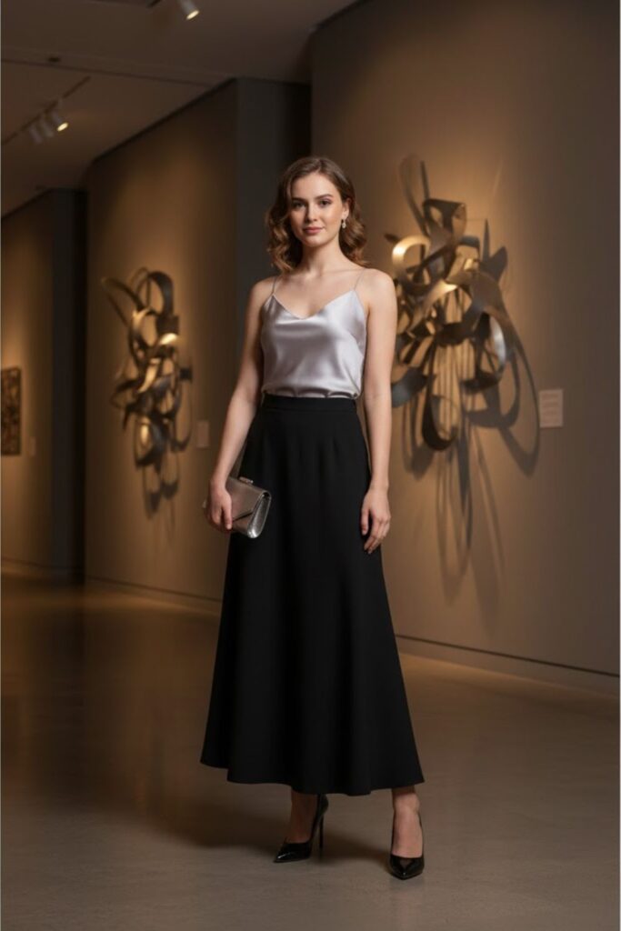 Satin Camisole, Black A-Line Skirt, Stiletto Heels, Metallic Clutch